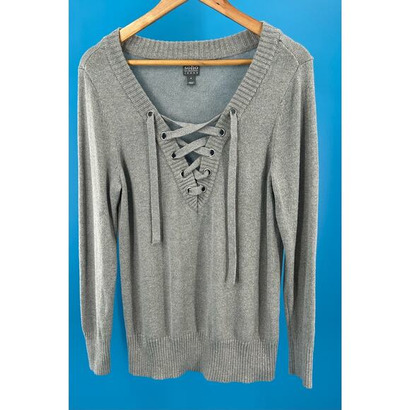 New‎ York & Co Soho Jeans Women's Long Sleeve Sweater Silver Gray Tie Up Size M - Picture 8 of 11